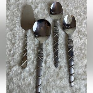 4 Pc Stainless Salad Utensil Serving Spoon Wire Wrapped Handles Cake Server 18/0